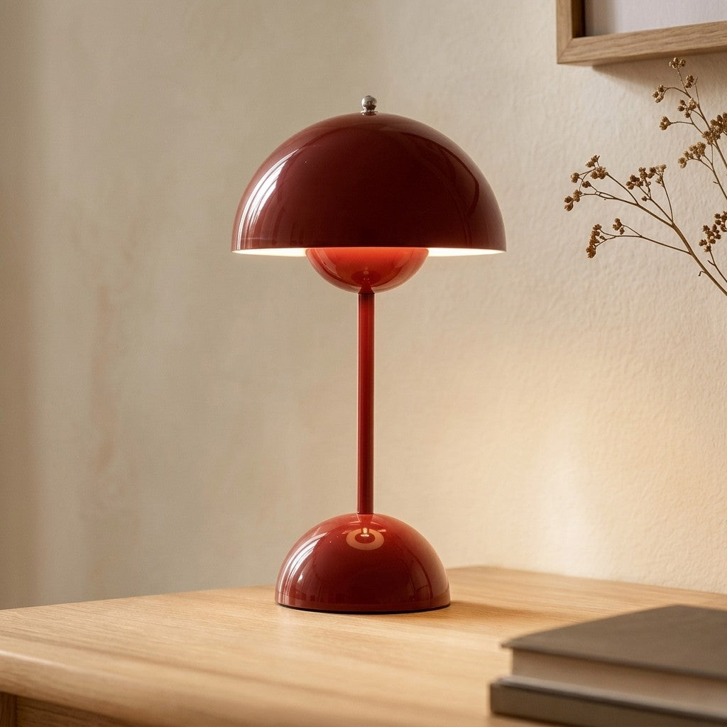 Bóveda Dome Cordless Table Lamp in red on a timber desk