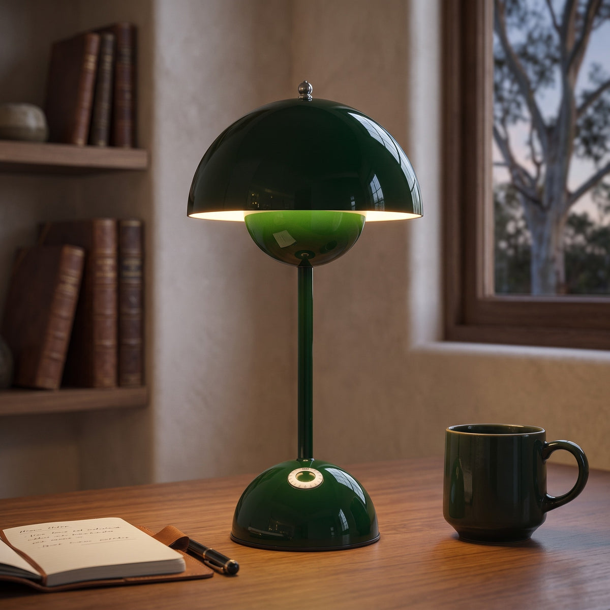 Green Bóveda dome cordless table lamp glowing on a desk in the evening