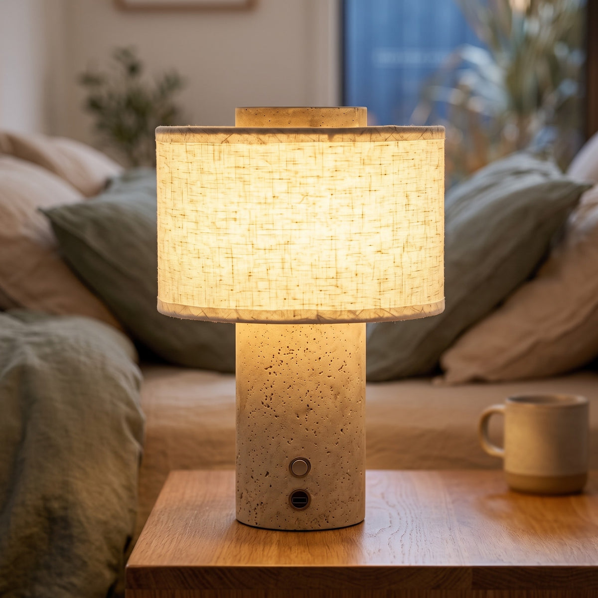 Duna cordless table lamp with a yellow travertine base and linen drum shade glowing on a bedside table at dusk